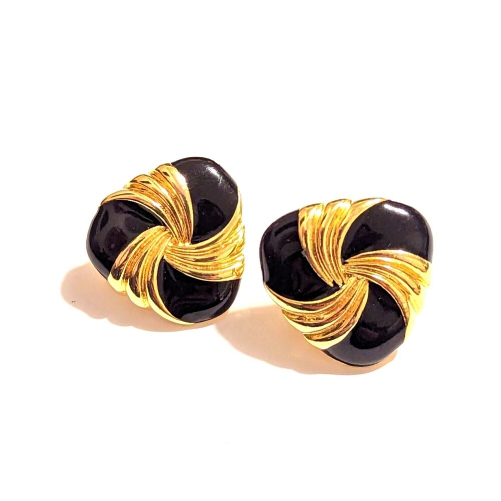 Vintage Napier Gold Tone Black Enameled Swirl Chic Clip On Screwback Earrings